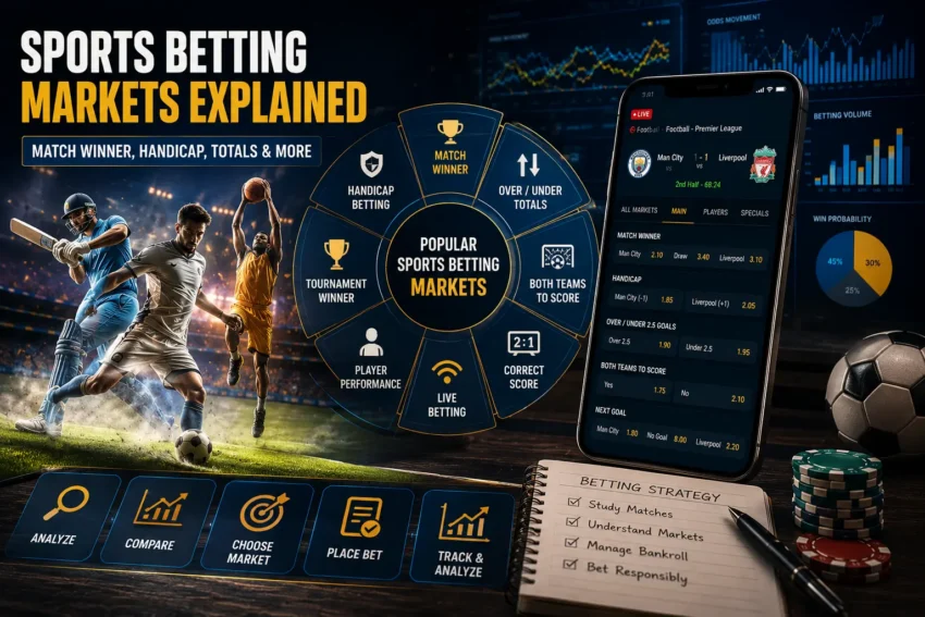 Sports betting markets dashboard showing match winner, handicap betting, totals markets and live betting options
