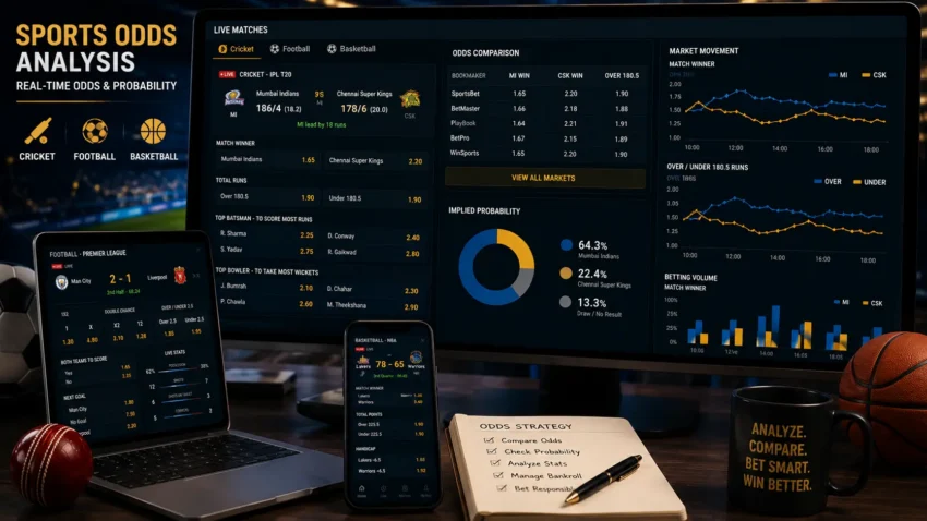 Sports odds dashboard showing live betting odds, probability analysis, and sports betting markets.